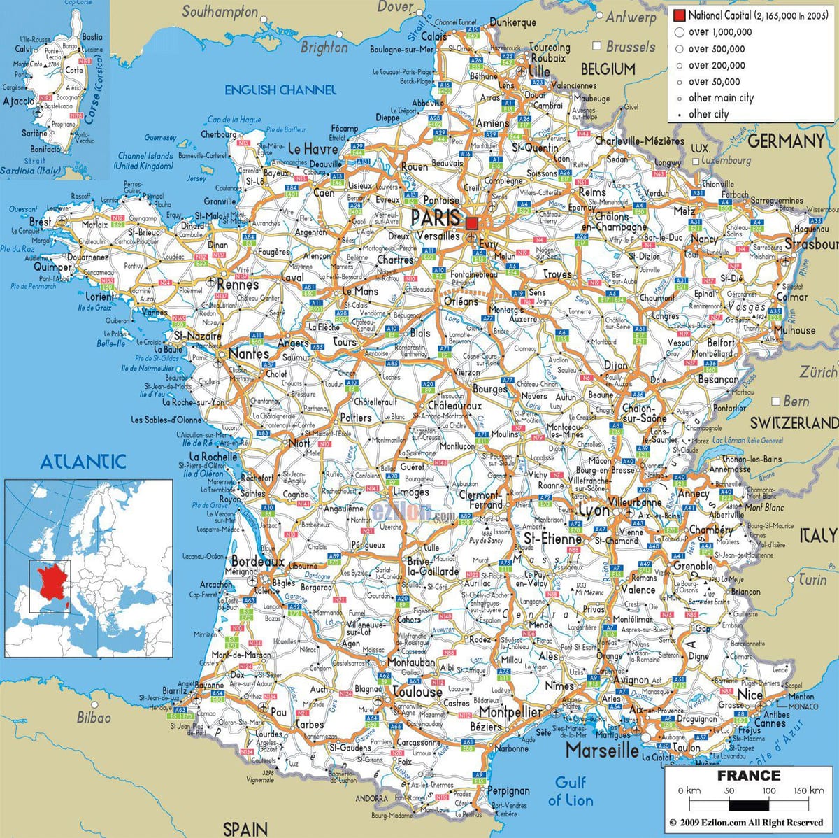fahren Karte von Frankreich mit den Entfernungen