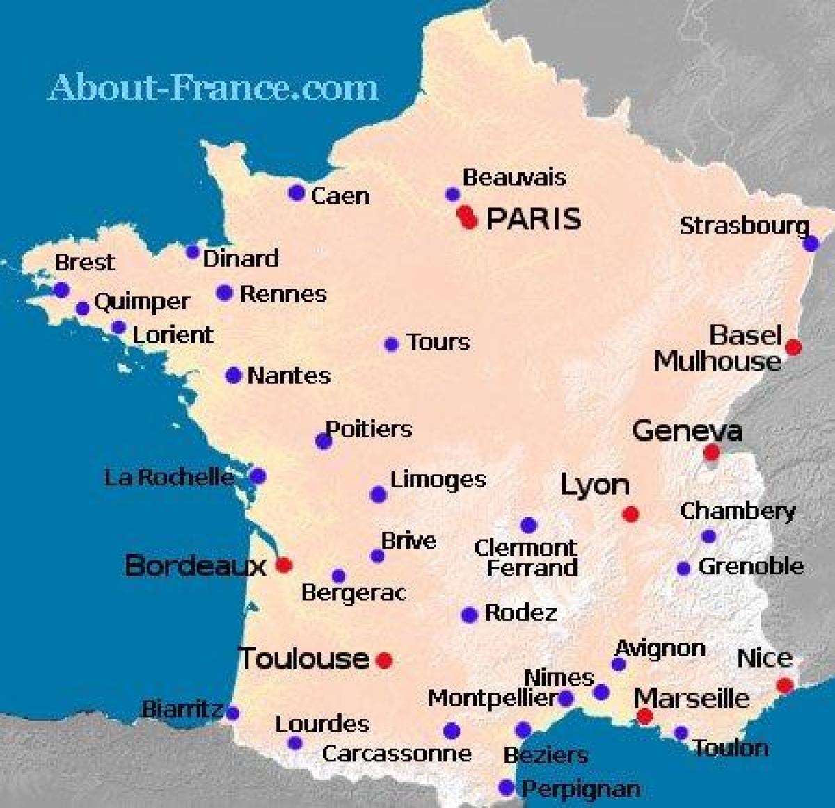 Karte von Frankreich zeigt den Flughäfen