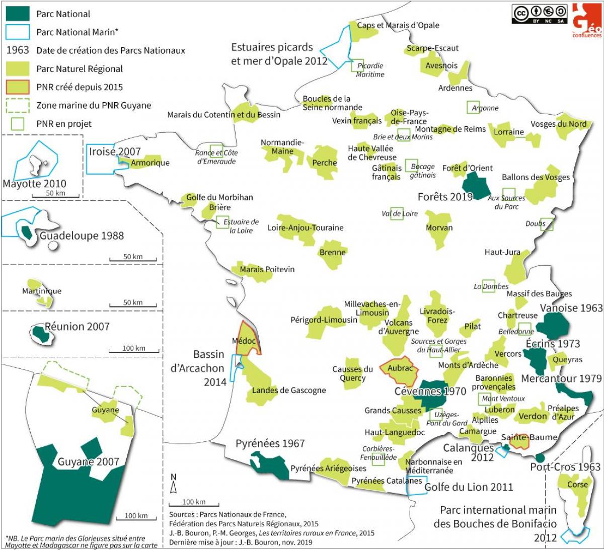 Karte der Nationalparks in Frankreich