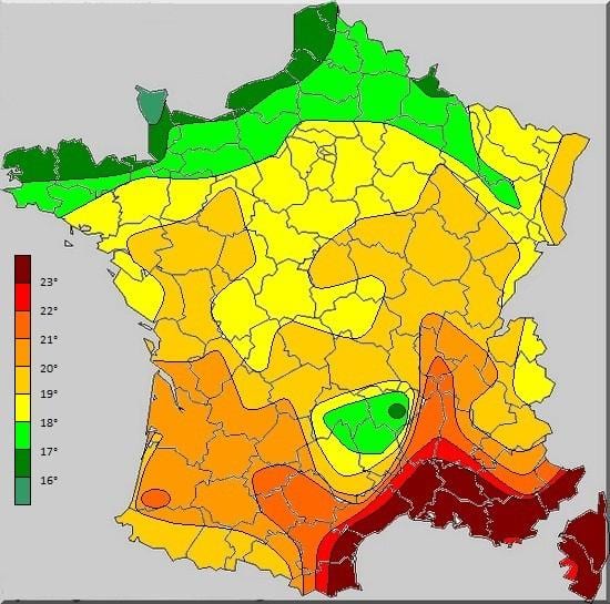 Karte von Frankreich mit der Temperatur
