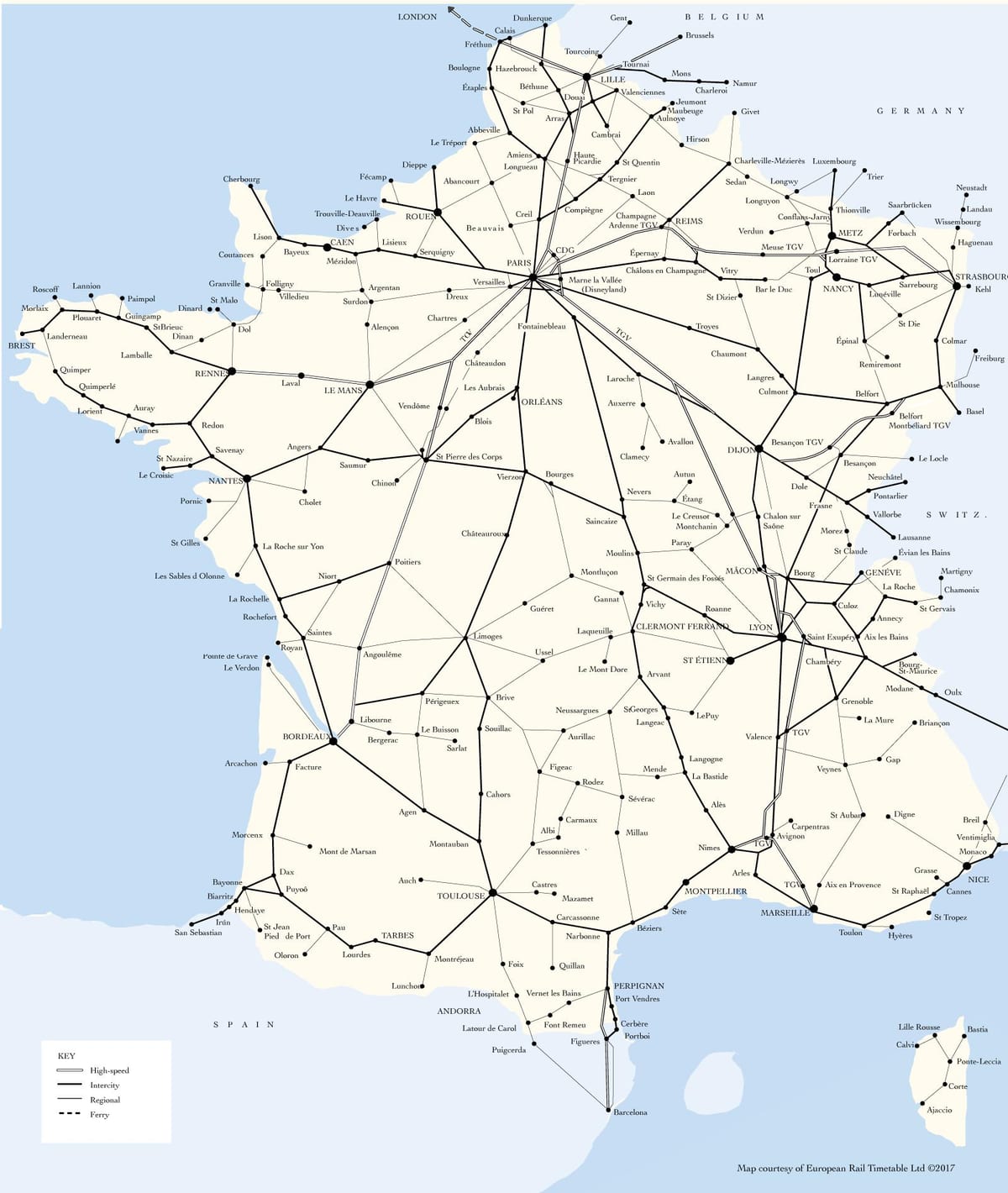 Karte der Bahnstrecken in Frankreich
