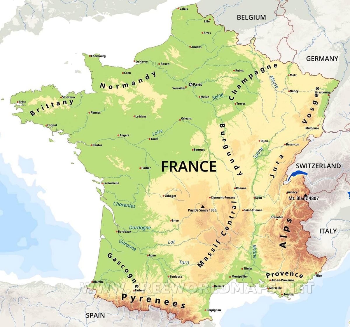 Gebirge in der Karte von Frankreich