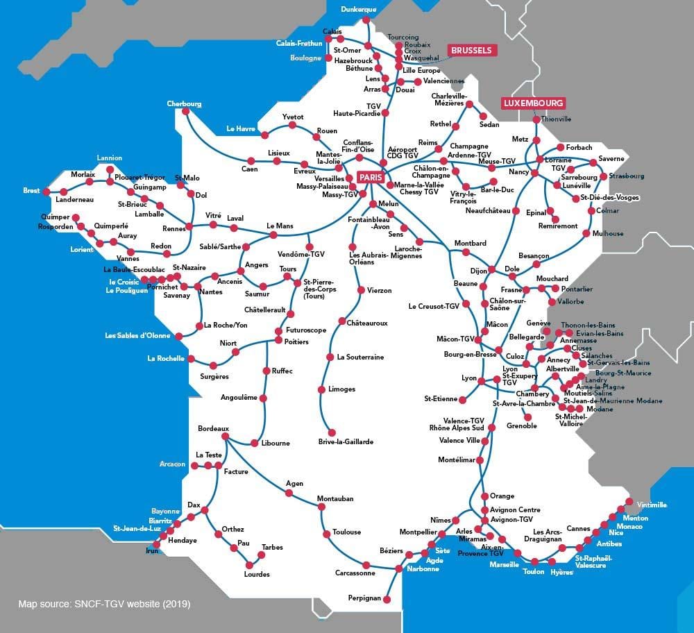 Karte von Frankreich mit tgv-Strecken